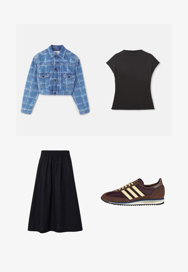 Šviesiai mėlyna, trumpinta džinsinė striukė su pakartotiniu baltu teksto raštu. Pasižymi dviem krūtinės kišenėmis ir sagčių uždarymu. Klasikinio apykaklės dizaino.; Juodas trumpas rankovėmis viršus su aukštu kaklu ir laisvu siluetu. Pagamintas iš minkštos medžiagos su lygiu paviršiumi. Nėra matomų raštų ar grafikų.; Juodas, iki kelių siekiantis sijonas iš lengvos medžiagos. Didesnėms patogumui turi elastingą juostą ir paprastą, lygų tekstūrą. Nėra matomų raštų ar puošmenų.; Rudi ir burgundiški sportbačiai, pagaminti iš suedės ir tinklinės medžiagos, su trimis grietinėlės spalvos juostelėmis, tekstūruota medžiaga ant liežuvėlio ir guminis padas.