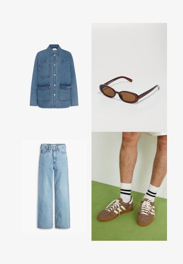 Giacca di denim di colore blu chiaro, con chiusura a bottoni davanti, due grandi tasche frontali e colletto classico. Sono visibili dettagli di cucitura.; Maglione grigio lavorato a maglia con maniche lunghe, scollatura rotonda, polsini e orlo a coste, caratterizzato da una consistenza morbida e una vestibilità comoda.; Jeans a vita alta, blu chiaro, con gamba larga, chiusura anteriore con bottone e zip, passanti per cintura e stile a cinque tasche.; Sneaker in suede marrone con dettagli e lacci bianchi. Suola in gomma color gomma. Indossati con calzini bianchi con righe nere. Pavimento verde texturizzato.; Occhiali da sole rotondi con tonalità marrone, montatura lucida color bordeaux. Aste sottili con un sottile dettaglio del marchio. Design delle lenti piatte.; Borsa a tracolla in suede marrone con lunghi dettagli in frange, forma curva e una singola tracolla. Presenta una superficie liscia e testurizzata.