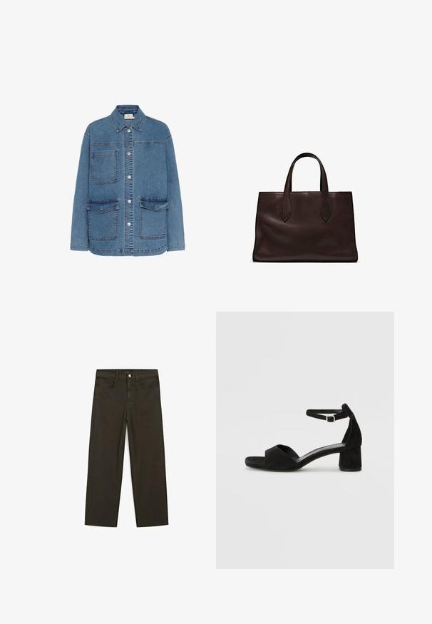Džínová bunda ve světle modré barvě, s knoflíkovým zapínáním vpředu, dvěma velkými předními kapsami a klasikou límcem. Viditelné akcenty šití.; Massimo Dutti FLOWING DOUBLE FABRIC GARMENT - Top - white; Tmavě zelené široké džínsy vyrobené z bavlněné směsi, s předním zapínáním na knoflík, pěti kapsami a klasickým denimovým stehem.; Černé sametové sandály na podpatku s tenkým řemínkem kolem kotníku, otevřenou špičkou a skromným blokovým podpatkem. Hladká textura a minimální akcenty.; Hnědá kožená taška přes rameno s dvěma dlouhými uchy, strukturální obdélníkový tvar, hladká textura a jemné švy.