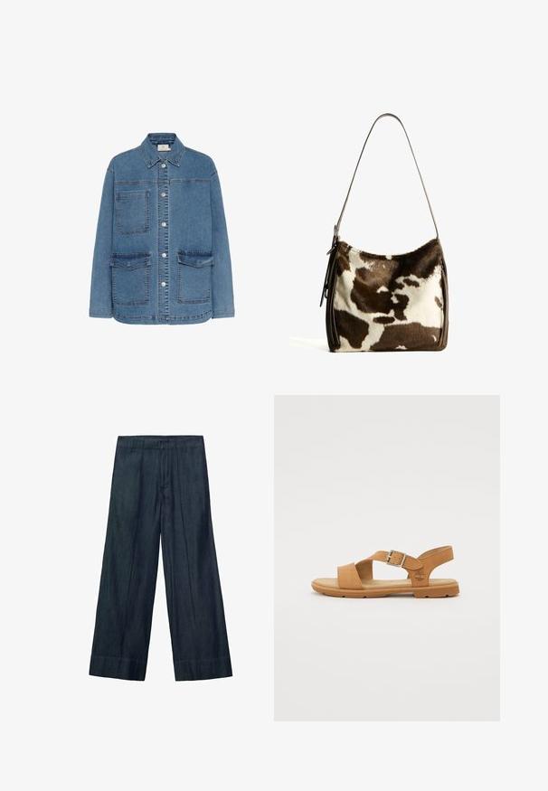 Jeans jakna v svetlo modri barvi, z gumbastim zapiranjem spredaj, dvema velikima sprednjima žepoma in klasičnim ovratnikom. Vidni so šivi.; Bela bombažna majica s kratkimi rokavi in okroglo ovratnikom. Preprost dizajn, ohlapen kroj, gladka tekstura. Brez vzorcev ali vidnih poudarkov.; Hlače širokih nogavic iz temnega denima, ki imajo visok pas, sprednje gube in gladko teksturo. Rob je raven brez dodatnih detajlov.; Rjave usnjene sandale z zaponko, odprtim prstom in udobnim podplatom. Imajo fleksibilen gumijast podplat in embosirano logotipno podrobnost.; Rjav in krem torba iz kravjega usnja s gladkim usnjenim trakom, z zadrgo in mehko, strukturo površino, ki prikazuje naravni vzorec.