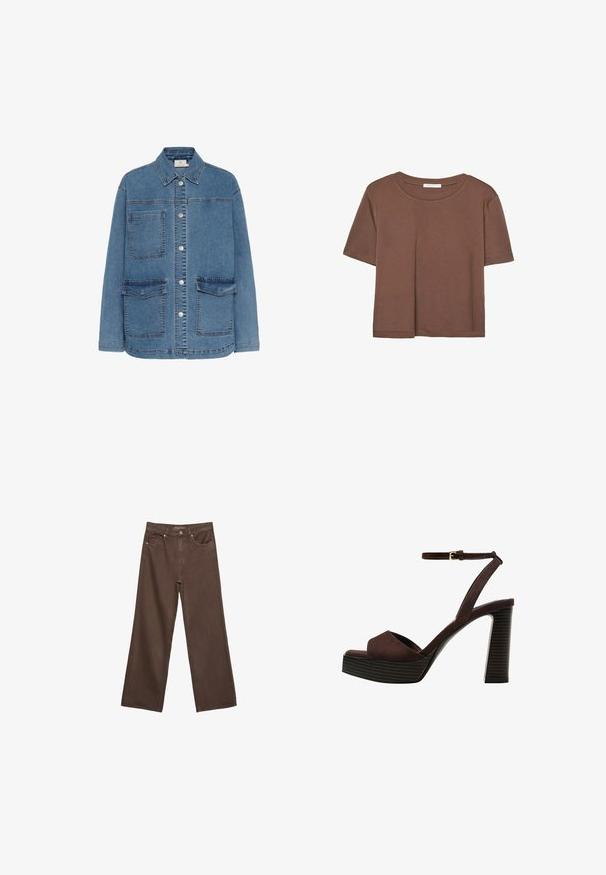 Vaaleansininen farkkutakki, jossa on napillinen etuosa, kaksi suurta etutaskua ja klassinen kaulus. Ompeleet näkyvät selvästi.; Kahvinsävyinen lyhythihainen t-paita, joka on valmistettu pehmeästä kankaasta. Pyöreä pääntie ja rento malli. Ei näkyviä kuvioita tai koristeita.; Leviittävät ruskeat farkut, jotka on valmistettu denimistä, korkea vyötärö, etutaskut ja klassinen nappikiinnitys. Silkkinen pinta hienovaraisella ompelutyöllä.; Ruske kožne sandale s visokom potpeticom, otvorenim prstima, podesivim kopčanjem oko gležnja i prugastim platformskim đonom.