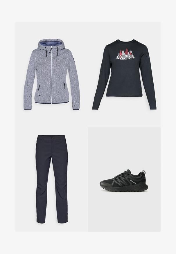Patterned hooded jacket in blue and white. Features a geometric design, zip closure, two side pockets, and adjustable drawstrings.; Long-sleeve dark gray shirt with a graphic of red trees and mountains; "COLUMBIA" logo in bold white text. Soft fabric, standard crew neck.; Navy blue pants made of smooth fabric, featuring a front button closure, slim-fit design, and creased detailing at the knees.; Columbia PEAKFREAK - Hiking shoes - black