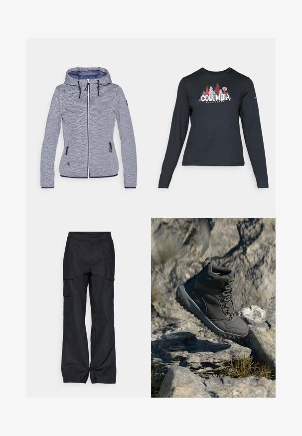 Patterned hooded jacket in blue and white. Features a geometric design, zip closure, two side pockets, and adjustable drawstrings.; Long-sleeve dark gray shirt with a graphic of red trees and mountains; "COLUMBIA" logo in bold white text. Soft fabric, standard crew neck.; Columbia BREA FALLS™ COTTON RIPSTOP PANT - Outdoor trousers - black; Dark gray hiking boot made of synthetic material, featuring a padded collar, metal eyelets, and textured rubber sole for traction.