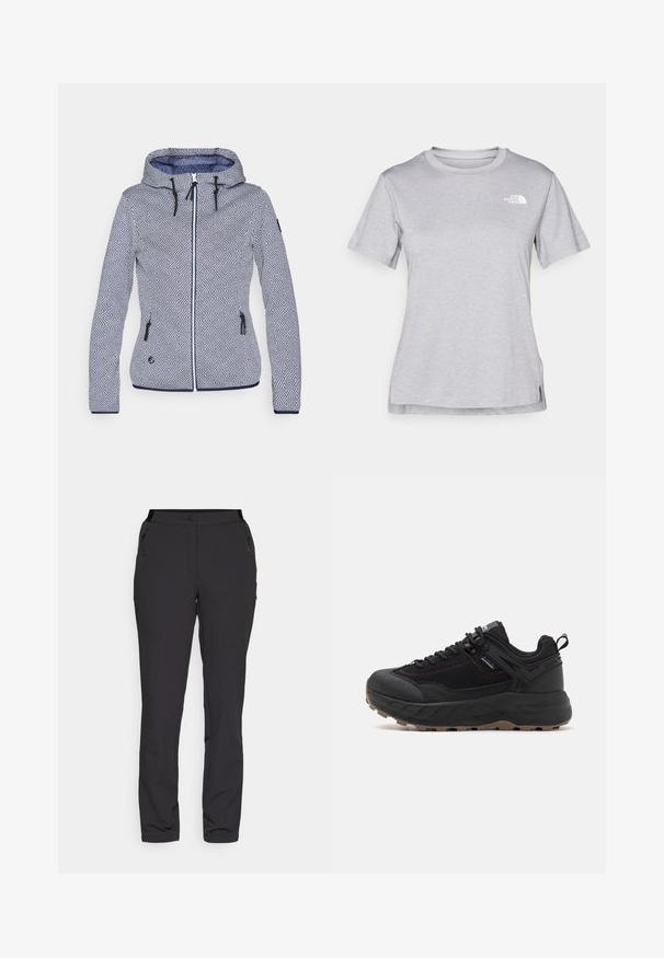 Giubbotto con cappuccio a motivi blu e bianchi. Presenta un design geometrico, chiusura con zip, due tasche laterali e lacci regolabili.; T-shirt grigio a maniche corte realizzato in morbido tessuto traspirante. Presenta un collo tondo e un piccolo logo bianco nella parte superiore sinistra.; Pantaloni neri da esterno, realizzati in tessuto leggero, presentano un design a gamba dritta, tasche laterali con zip e un waistband regolabile.; Scarpe sportive nere con tomaia in pelle e tessuto texturizzati, suola decorata, punta rinforzata e sistema di allacciatura regolabile.