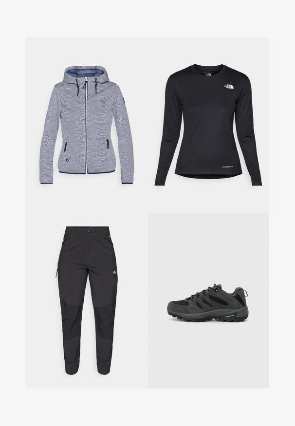 Mustriline kapuutsiga jakk sinise ja valgega. Omab geomeetrilist mustrit, lukuga sulgemist, kahte küljetaskut ja reguleeritavaid nööre.; The North Face SHADOW LONG SLEEVE - Pikkade varrukatega topp - black; Must black välitingimustes püksid, mis on valmistatud vastupidavast kangast. Omavad lukugaTaskuid, tugevdatud põlvepaneele ja sirget lõiget liikuvuse tagamiseks.; Columbia REDMOND - Matkajalatsid - black/citron haze