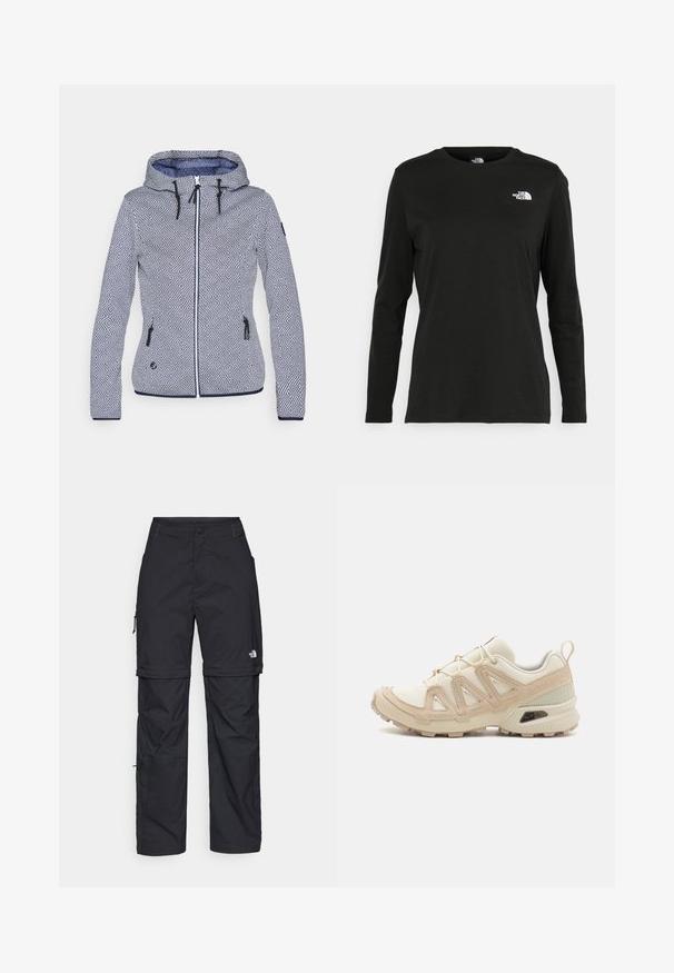 Mustriline kapuutsiga jakk sinise ja valgega. Omab geomeetrilist mustrit, lukuga sulgemist, kahte küljetaskut ja reguleeritavaid nööre.; Must mustahiheline T-särk, millel on pikad varrukad, valmistatud puuvillast ja ümarast kaelusest. Vasakul rinnal on väike valge logo. Lihtne disain ja sobivus.; Mustad nailonist valmistatud eemaldatavad cargo-püksid, reguleeritavate pahkluudega, mitmete taskutega ja paremal jalal logoga. Sile, kerge tekstuur.; Beež ja koobalti spordijalats tekstureeritud võrkkattega, toetavad ülemised kihid ja kummist tallaga, millel on mustriga joonistus haardeks.