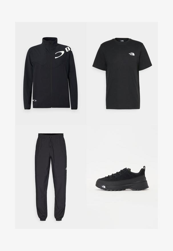 Oakley ENHANCE TECH JACKET - Jachetă de vară - blackout; Tricou negru din bumbac, cu mâneci scurte, guler rotund și un mic logo alb pe pieptul stâng. Design simplu, textură netedă și croială lejeră.; Pantaloni atletici negri, confecționați dintr-un material ușor, cu un tiv elastic la talie, buzunare laterale și tivuri ajustate la gleznă.; Tenisi de exterior negri cu superior din daim, talpă din cauciuc texturat și sistem de șireturi solid. Prezintă un călcâi întărit și un logo al mărcii pe lateral.