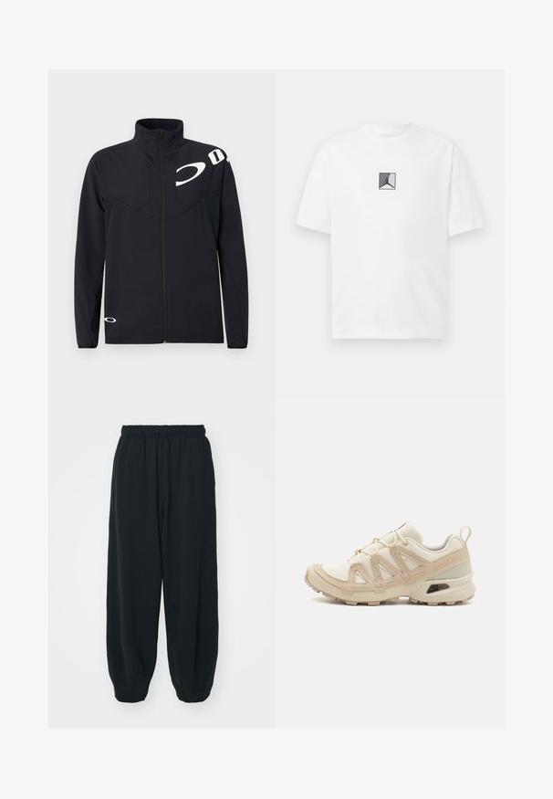 Oakley ENHANCE TECH JACKET - Giacca leggera - blackout; T-shirt bianca in cotone con un grafiche logo centrale in nero e grigio. Collo rotondo classico e maniche corte con una vestibilità rilassata.; Pantaloni da jogging neri con vita elasticizzata, dalla vestibilità morbida, caviglie a costina, texture liscia e senza motivi visibili o dettagli in metallo.; Scarpa atletica beige e crema con tomaia in mesh testurizzato, sovrapposizioni supportive e suola in gomma con un motivo a tasselli per la trazione.