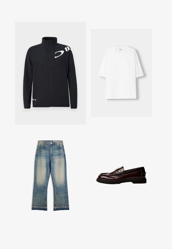 Oakley ENHANCE TECH JACKET - Kevyt takki - blackout; Valkoinen lyhythihainen t-paita, joka on valmistettu puuvillasta, ominaisuutenaan pyöreä pääntie ja rento istuvuus. Sileä pinta, ilman näkyviä kuvioita tai yksityiskohtia.; Vaalensininen farkut, joissa on hieman kulutettu pinta, suora lahje, viisi taskua ja raakareunat. Ei näkyviä komponentteja.; Ruske nahkasaappaat pyöreällä varpaalla, yksityiskohtaisella ompeleella ja kumipohjalla. Ominaisuuksiin kuuluu koristeellinen hihna, sileä pinta.