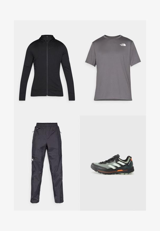 Svart zip-up jakke med høy krage, lange ermer og glatt tekstur. Har et minimalistisk design og reflekterende detaljer.; Grå kortermet treningst-skjorte laget av glatt, lett stoff. Har en hvit logo på venstre brystområde. Rund halsdesign.; Svart vanntette bukser laget av lett, teksturert materiale. Har en elastisk midje og glidelåslommer.; Lettvekt løpesko for terrengløp med et grått og svart mesh-overdel, oransje detaljer og en robust såle for godt grep. Vanntett Gore-Tex fôr.