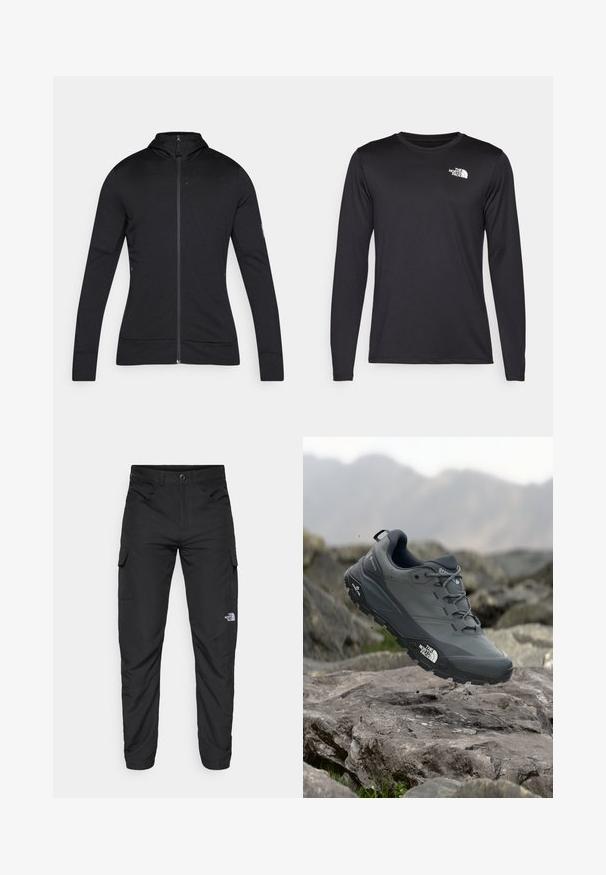 Svart zip-up jakke med høy krage, lange ermer og glatt tekstur. Har et minimalistisk design og reflekterende detaljer.; Langermet svart prestasjonstrøye laget av lett stoff, med en hvit logo på øvre venstre bryst. Glatt tekstur.; The North Face HORIZON PANT - Friluftsbukser - black; Grå terrengløpesko med en teksturert overdel, slitesterk gummisåle og forsterket tåhette. Inkluderer snørebånd og merkevarelogo på siden.