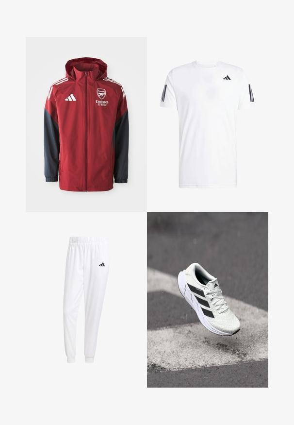 Punainen ja laivastonsininen urheilu takki hupulla, jossa on Arsenalin logo ja teksti "Emirates Fly Better", valmistettu sileästä ja kevyestä materiaalista.; Valkoinen t-paita, joka on valmistettu kankaasta ja jossa on lyhyet hihat, pyöreä kaula-aukko ja kolme mustaa vinoraitaa jokaisessa hihassa. Hienovarainen logo rinnassa.; Valkoiset urheiluhousut, jotka on valmistettu sileästä kankaasta, jossa on joustava vyötärö ja istuvat hihat, ja joissa on musta logo takataskussa.; Valkoinen urheilujalkine, jossa on teksturoitu verkkomateriaali, mustat raidat, nauhakiinnitys ja pehmustettu pohja, leijuu merkittyjen tienpintojen yllä.