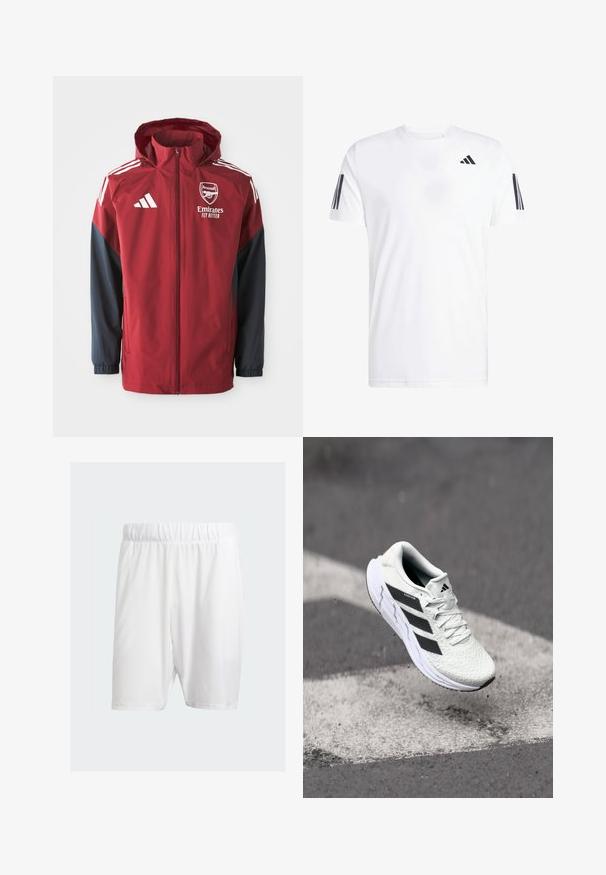 Punane ja tumesinine sportlik jakk kapuutsiga, millel on Arsenal'i logo ja tekst "Emirates Fly Better", valmistatud siledast ja kergest materjalist.; Valge T-särk, mis on valmistatud kangast, lühikeste varrukatega, ümar kaelus ning igal varrukal kolm musta diagonaalset triibu. Rinnal on diskreetne logo.; Valged spordilühikesed püksid, mis on valmistatud kergest kangast, elastse vöökoha, sileda tekstuuri ja põlveni ulatuva lõikega.; Valge spordijalats tekstuurse võrgu pealmise osaga, mustade triipudega, nööriga kinnitamine ja pehmendatud tallaga, levib märgitud teepinna kohal.