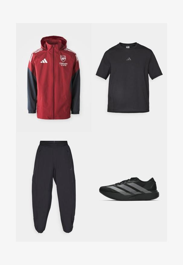Chaqueta deportiva en rojo y azul marino con capucha, que presenta el logo de Arsenal y el texto "Emirates Fly Better", fabricada con material suave y ligero.; Camiseta deportiva negra hecha de material transpirable, con mangas cortas, cuello redondo y un logo reflectante en el pecho.; Pantalones deportivos negros con cintura elástica, bolsillos laterales con cremallera, piernas ajustadas y un sutil logo en el muslo derecho.; Zapatillas deportivas negras con un diseño ligero, que presentan tres franjas grises prominentes, una textura suave y una suela contorneada.