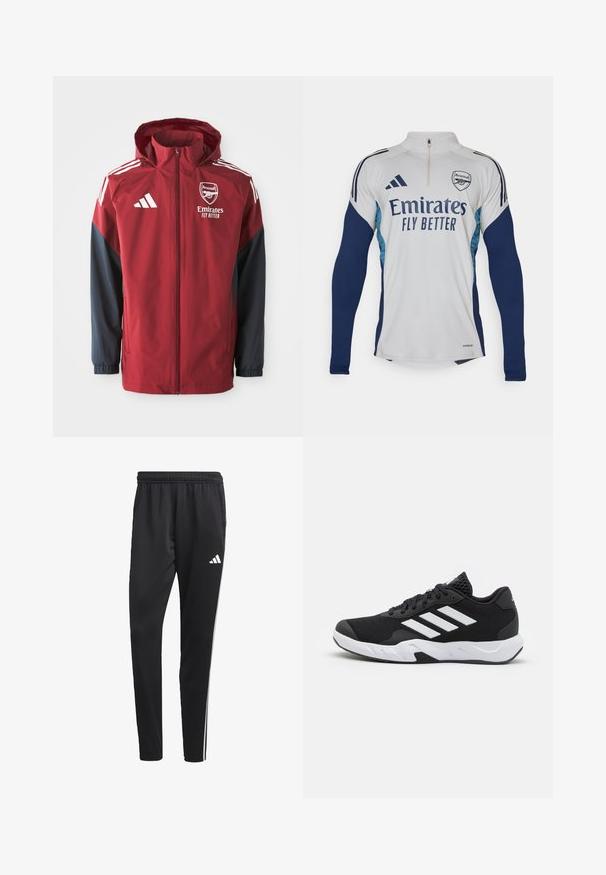 Piros és sötétkék sportdzseki kapucnival, amelyen az Arsenal logó és az "Emirates Fly Better" felirat található, sima, könnyű anyagból készült.; Fehér, hosszúujjú póló sötétkék részletekkel, fél cipzáros nyakkal, az "Emirates Fly Better" logóval és az Arsenal klub címkéjével.; Fekete sportnadrág rugalmas derékkal, fehér oldalsávokkal és egy kis fehér logóval a combon. Simaságáért és könnyű anyagáért kedvelt.; Fekete sportcipők, textúrált hálós felsőrésszel, fehér díszcsíkokkal, párnázott talppal és megerősített sarokkal a stabilitás érdekében.