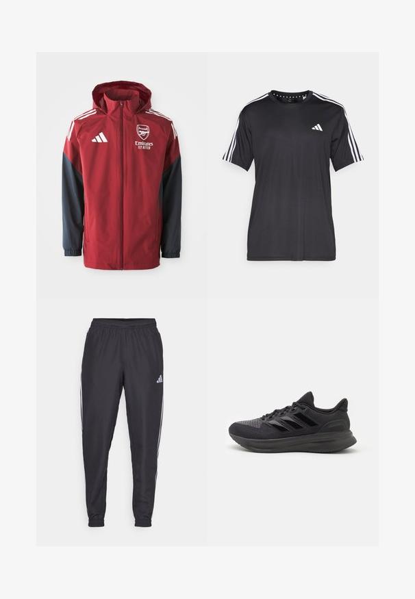 Crveno-plava sportska jakna s kapuljačom, s Arsenal logom i natpisom "Emirates Fly Better", izrađena od glatkog, laganog materijala.; Crna majica kratkih rukava s bijelim trostrukim dizajnom na ramenima i logotipom na prsima. Izrađena od prozračnog materijala, glatke teksture.; Crne sportske hlače s elastičnom gumicom u struku, s bijelim prugama uz bokove i malim logotipom na kuku. Glatka tekstura.; Crne atletske cipele s teksturiranim gornjim dijelom od tkanine, gumeni potplat i tri sjajne crne pruge sa strane. Zaobljeni vrh i uložak u peti.