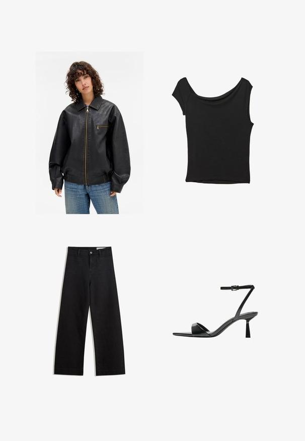 Črna usnjena bomberska jakna z zadrgo spredaj, stranskimi žepi in rjavimi šivi. Ima širok ovratnik in sproščen kroj.; Črna kratka majica s kratkimi rokavi iz gladkega blaga; ima drapiran izrez in asimetrično spodnjo rob, s prilegnjenim telesom.; Črne široke denim hlače z visokim pasom, ki imajo sprednje in zadnje žepe, šivane šive ter gumbasto zapiranje. Gladka tekstura.; Bershka Sandali z visoko peto - black