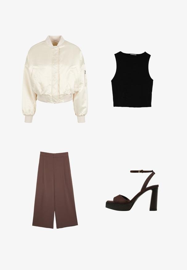 Cream satin bomber jacket with a quilted design, ribbed cuffs, and waistband, featuring two front pockets and a zip pocket on the sleeve.; Black sleeveless crop top made of smooth fabric, featuring a round neck and a clean, simple design without patterns or hardware.; Brown wide-leg trousers with a smooth texture, featuring a high waist and front pleats. The fabric is lightweight and flows loosely.; Brown suede high-heeled sandal with an open toe, adjustable ankle strap, and a striped platform sole.