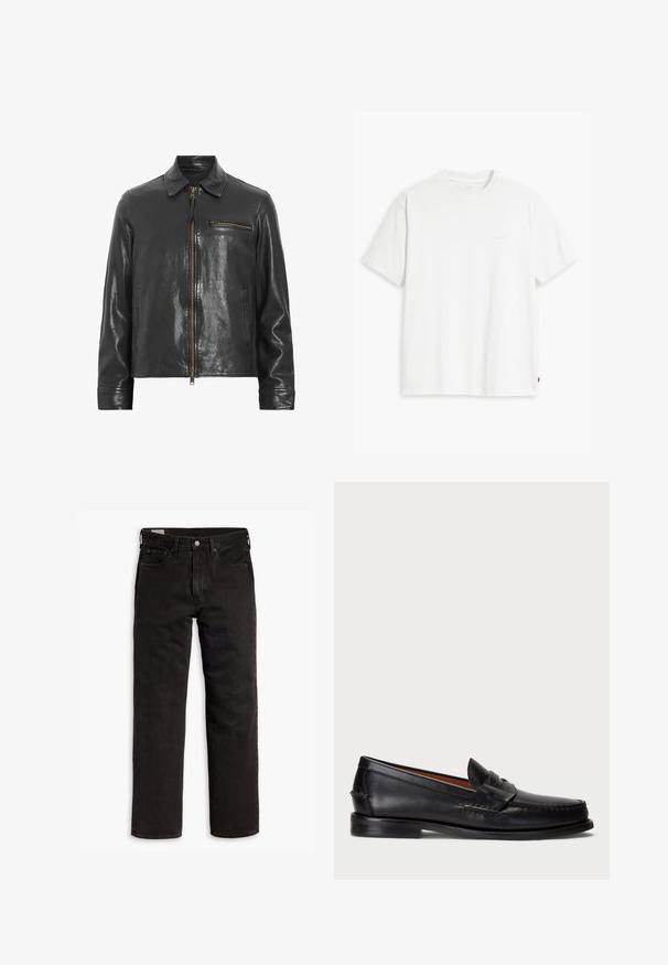Jachetă din piele neagră cu fermoar în față, guler și un buzunar lateral. Prezintă o textură lucioasă și accente de hardware aurii.; Tricou alb din bumbac cu mâneci scurte, guler rotund și logo-ul subtil Levi's imprimat în centrul său. Textură moale și croială standard.; Jeans din denim negri cu picior drept, cu cinci buzunare, închidere cu nasture și bucle pentru curea, așezați plat pe un fundal alb.; Mocasini din piele neagră cu vârful rotunjit, detalii cusute și o curea decorativă în partea din față. Talpă plată cu un profil minim.