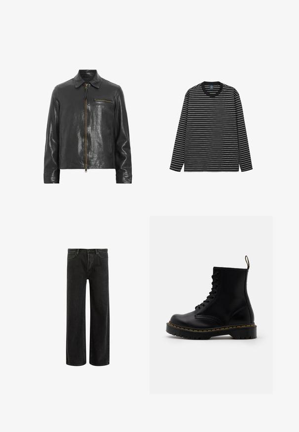 Čierna kožená bunda so zipsom vpredu, golierom a bočnou vreckom. Vyznačuje sa lesklou textúrou a zlatými kovovými komponentmi.; Tričko s dlhým rukávom v čiernobielych pruhoch, vyrobené z mäkkého bavlneného materiálu. Má okrúhly výstrih a kontrastný čierny rebrovaný golier.; Čierne džínsy s širokými nohavicami a vysokým pásom, so classic piatimi vreckami a jemným vyblednutím pre textúrovaný vzhľad.; Čierne kožené členkové čižmy s šnurovaním vpredu, žltým prešívaním, okrúhlou špičkou a hrubou, textúrovanou gumovou podrážkou.