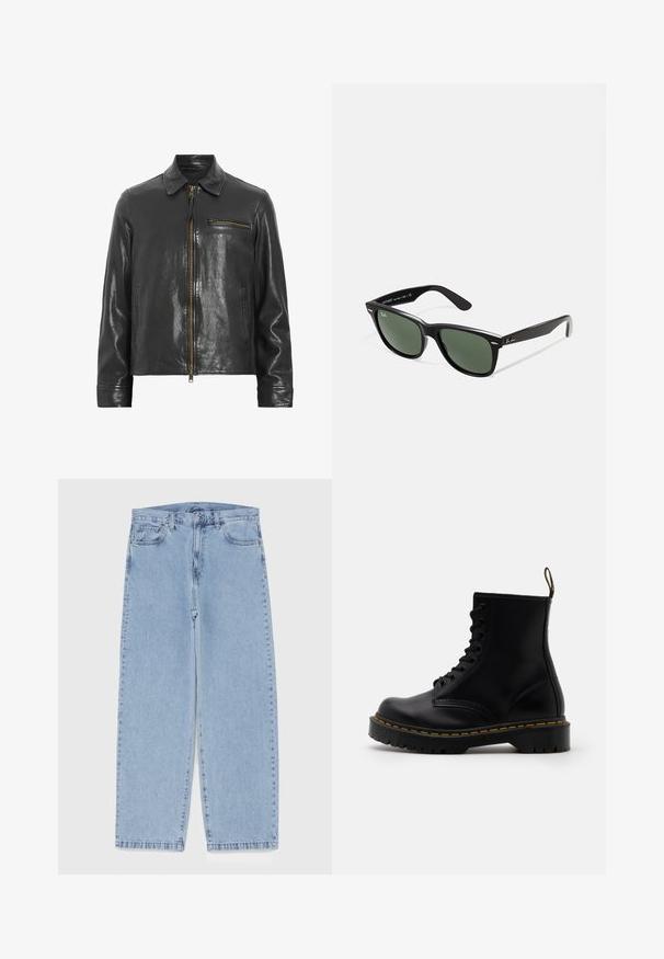 Zwart leren jack met een rits aan de voorkant, kraag en een zijzak. Heeft een glanzende textuur en gouden metalen accenten.; Witte katoenen tanktop met een ronde halslijn, brede schouderbanden en een rechte zoom, met een gladde textuur en zonder zichtbare patronen.; Lichtblauwe denim jeans met een recht model, voorzien van een middelhoge taille, vijf zakken en een knoop- en ritssluiting.; Zwarte leren enkelboots met een vetersluiting aan de voorkant, gele stiksels, een ronde neus en een dikke, gestructureerde rubberen zool.; Zwarte plastic zonnebril met groene lenzen, vierkante montuur, zilveren accent op de wenkbrauw en een gestructureerde tempel. Merken vermeld op de binnenkant van de arm.