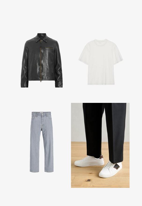 Fekete bőrdzseki, elöl cipzárral, gallérral és oldalzsebbel. Fényes textúrával és arany színű díszítőelemekkel rendelkezik.; Fehér pamut póló rövid ujjakkal, kerek nyakkal, és kontrasztos varrással a nyakrészen és az ujjakon.; Világoskék farmernadrág, laza szabású, egyenes lábú kialakítással, látható varrással, két elülső zsebbel és gombos záródással.; Fehér sneaker, sima textúrával, barna bőr díszítéssel és fekete részletekkel, fekete szabott nadrággal párosítva. Fából készült padló háttér.