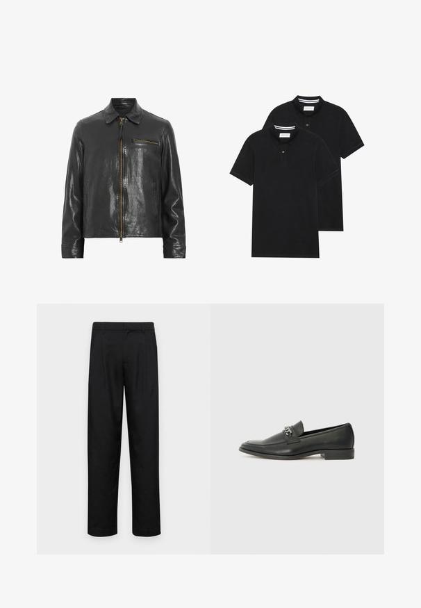 Must musta jope, millel on lukk ees, krae ja küljetasku. Omab läikivat tekstuuri ja kuldseid metalldetailide aksessuaare.; Kaks musta polo särki, lühikeste varrukatega, puuvillane materjal, klassikalise kraega, kahe nupuga kinnitusega, valgete triipudega krae sisepinnal.; Mustad mustadest riietest, millel on sirge jalgade disain, kaks eesmist voltimist ja tavaline vöökoht, millel on vöökohad.; Must haveate nahkking punased, millel on sile viimistlus, tikitud muster ja dekoratiivne metallkett vampi üle. Tasane konts.