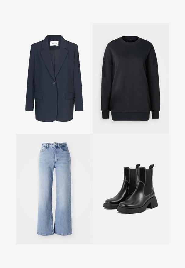 Blazer navy de tejido suave, con cierre de un solo botón, solapas con muesca, un bolsillo en el pecho y dos bolsillos frontales.; Sudadera negra de algodón, con cuello redondo, mangas largas y un corte relajado. Textura suave con puños y bajo de canalé.; Jeans de tiro alto de pierna ancha en azul claro, con bolsillos delanteros y traseros, cierre de botón y un ligero desgastado en los muslos y los dobladillos.; Botas Chelsea de cuero negro con tacón grueso, paneles laterales elásticos y costuras en blanco que contrastan. Acabado texturizado.