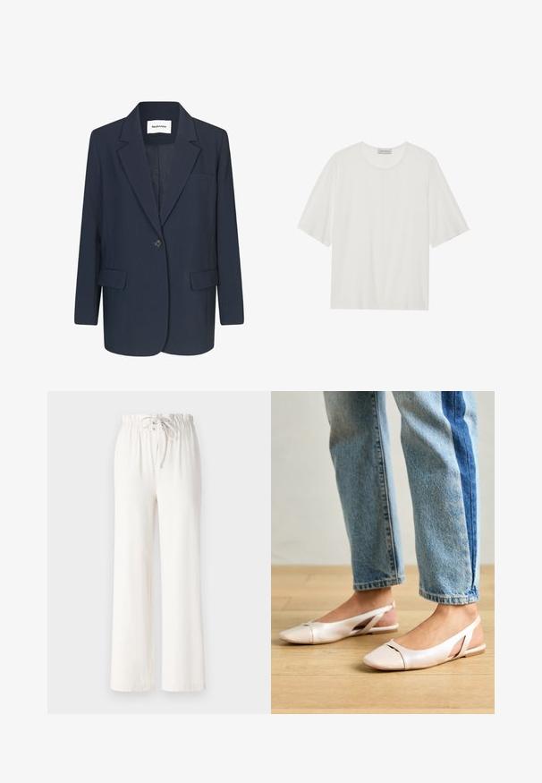 Marineblazer van gladde stof, met een enkele knoopsluiting, notch-lapels, één borstzak en twee voorkzakken.; Witte t-shirt met korte mouwen, gemaakt van zachte stof. Heeft een ronde halslijn en een lichtjes boxy vorm. Gladde textuur, minimale detaillering.; Witte wijde broek van zacht materiaal, met een tailleband met trekkoord en een gladde textuur. Geen patronen of versieringen zichtbaar.; Zachtroze slingback ballerina's met een spitse neus, gemaakt van een glad leerachtig materiaal. Bevat uitsnijdingen aan de zijkanten en heeft een platte hak.