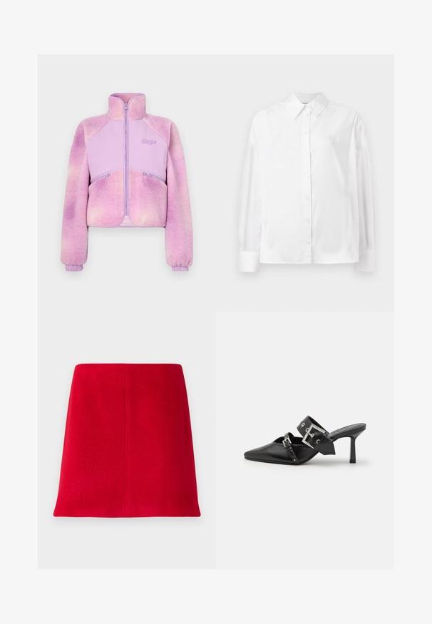 Fleece jakna u gradijentnoj svijetlo ljubičastoj boji s prednjim patentnim zatvaračem, visokim ovratnikom i rebrastim manžetama. Ima dva džepa sa patentnim zatvaračem. Mekana tekstura.; Bjela košulja dugih rukava s dugmadi, napravljena od glatke mješavine pamuka. Ima klasični ovratnik, prednje zatvaranje na dugmad te zakrivene manžete.; Crvena mini suknja od teksturiranog materijala s ravnim krojem. Dizajn se odlikuje besprijekornim prednjim dijelom i čistim linijama bez ukrasa.; Crne visoke mule s oštrim vrhom, izrađene od glatke kože. Imaju široku narukvicu oko gležnja sa srebrnom kvadratnom kopčom i nitnama.