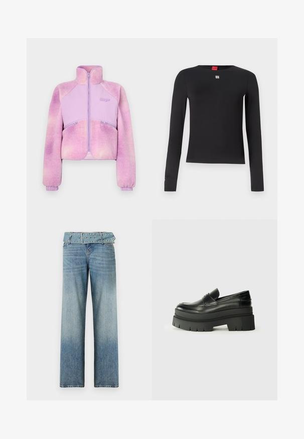 Veste en polaire dégradée de couleur violet clair avec fermeture éclair à l'avant, col montant et poignets côtelés. Dispose de deux poches zippées. Texture douce.; Chemise noire à manches longues en tissu lisse. Présente un col ras du cou et un petit logo argenté sur la poitrine. Design minimaliste.; Jeans en denim bleu clair avec une coupe évasée, dotés d'une taille ceinturée assortie et d'une décoloration progressive du foncé vers le clair.; Mocassins en cuir noir avec une semelle plateforme épaisse. Bout arrondi, détail de couture sur le devant et accents de surpiqûres subtils. Semelle plate et texturée.