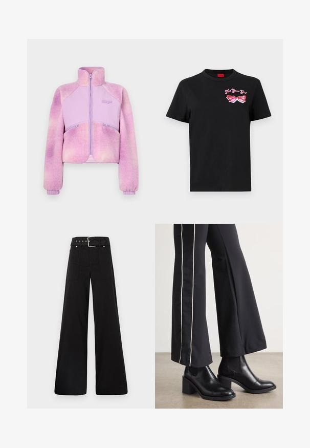 Fleecejakke i gradient lyslilla med lynlås foran, høj krave og ribbede mansjetter. Har to lynlåsede lommer. Blød tekstur.; Sort bomulds t-shirt med korte ærmer, der har et pink grafisk motiv af solbriller og teksten "Not Your Girl" på venstre brystområde.; Sorte brede bukser lavet af bomuld, med høj talje, store sidelommer og en bæltestrop med sølvfarvede detaljer.; Sorte læder ankelstøvler med blokhæle, udstyret med elastiske sidepaneler. Kombineret med sorte bukser, der har en hvid side stripe.