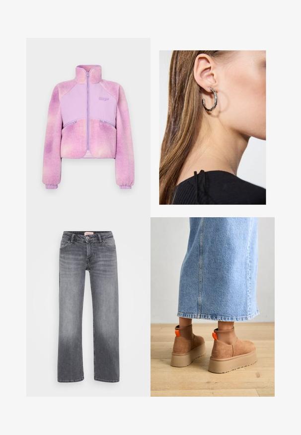 Fleecejacke in sanftem lila mit durchgehendem Reißverschluss, hohem Kragen und gerippten Bündchen. Verfügt über zwei Reißverschlusstaschen. Weiche Textur.; Even&Odd Petite 2 PACK - Top - light grey/black; Graue Jeans aus Denim mit geradem Bein, fünf Taschen, dezentem Verblassen und einem Knopfverschluss in der Taille.; Braune Wildleder-Plateau-Stiefel mit elastischen Seitenpaneelen und orangen Zuglaschen, kombiniert mit einem knielangen hellen Jeansrock auf einem Holzboden.; Silberne Creolen mit polierter Oberfläche, die kleine goldene Akzentdetails und eine runde Form aufweisen, am Ohrläppchen getragen.
