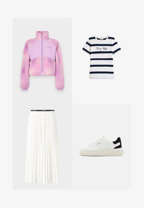 Giacca in pile di un gradiente di viola chiaro con zip frontale, colletto alto e polsini a coste. Presenta due tasche con zip. Texture morbida.; T-shirt in cotone con righe orizzontali blu navy su sfondo bianco. "Tommy Hilfiger" ricamato in corsivo sul petto. Collo a giro.; Gonna bianca plissettata con elastico nero in vita che presenta il logo "LACOSTE". Design di lunghezza media con texture morbida.; Sneaker bianchi in pelle con suola spessa bianca, accento in suede nero sul tallone e logo impresso sul lato. Design con lacci e sei fori per i lacci.