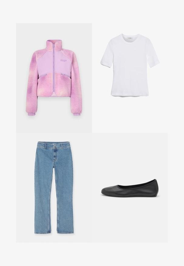 Veste en polaire dégradée de couleur violet clair avec fermeture éclair à l'avant, col montant et poignets côtelés. Dispose de deux poches zippées. Texture douce.; T-shirt blanc à manches courtes en tissu côtelé. Col rond, coupe régulière et détails de couture subtils. Aucune motif ni graphique.; Jean en denim bleu clair à jambe droite avec fermeture à bouton et à fermeture éclair, passants de ceinture et couture standard sur fond blanc.; Ballerines en cuir noir avec un bout rond, texture lisse, détails de couture minimalistes et design de semelle flexible.