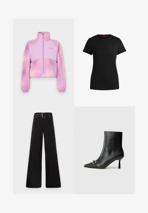 Fleece jacket in gradient light purple with a zip front, high collar, and ribbed cuffs. Features two zippered pockets. Soft texture.; Black cotton t-shirt with short rolled sleeves, a round neckline, and a red label. Smooth texture, fitted shape with minimal detailing.; Black wide-leg trousers made from cotton, featuring a high waist, large side pockets, and a belted waist with silver hardware accents.; Black leather ankle boot with pointed toe, slim mid-height heel, and silver buckle detail on side against plain background.
