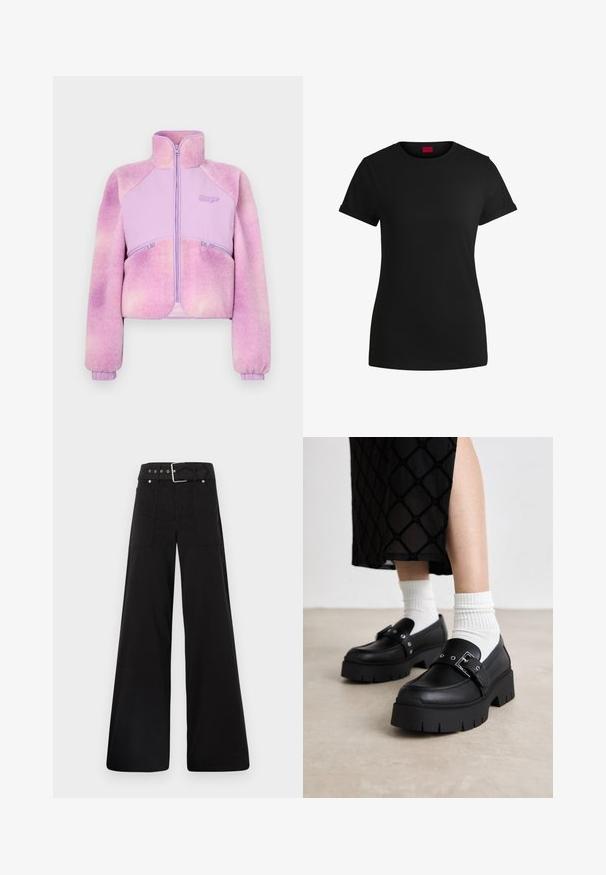 Fleecejacke in sanftem lila mit durchgehendem Reißverschluss, hohem Kragen und gerippten Bündchen. Verfügt über zwei Reißverschlusstaschen. Weiche Textur.; Schwarzes Baumwoll-T-Shirt mit kurzen, aufgerollten Ärmeln, rundem Halsausschnitt und rotem Etikett. Glatte Textur, taillierte Form mit minimalen Details.; Schwarze weitgeschnittene Hose aus Baumwolle, mit hoher Taille, großen Seitentaschen und einem taillierten Bund mit silbernen Hardware-Akzenten.; Schwarze Plateauslurchen mit glattem Lederfinish, ausgestattet mit einer Schnallendetail und Nietenakzenten, kombiniert mit weißen gerippten Socken.