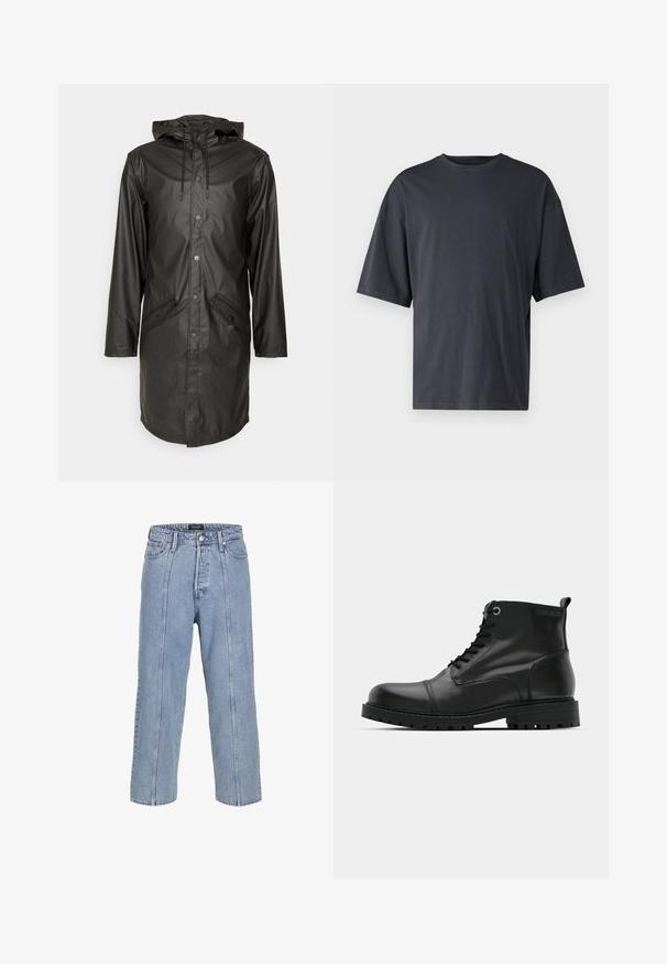 Jack & Jones JJEURBAN NOOS - Parka - black; Tumši pelēkas īsām piedurknēm T-krekls, izgatavots no viegla kokvilnas, ar brīvu piegriezumu un klasisku apaļu kakla izgriezumu, bez rakstiem un ar vienveidīgu faktūru.; Gai zilos džinsus ar brīvu piegriezumu, platām kājām un redzamām šuvēm. Iespējams, pogu un rāvējslēdzēja aizdare, pieci kabatas.; Melni ādas potītes zābaki ar noapaļotu pirkstu, saistīšanas dizainu, kontrastējošiem pelēkiem acu caurumiem un izturīgu gumijas zoli. Gluda tekstūra ar minimālistiskām akcentējošām detaļām.