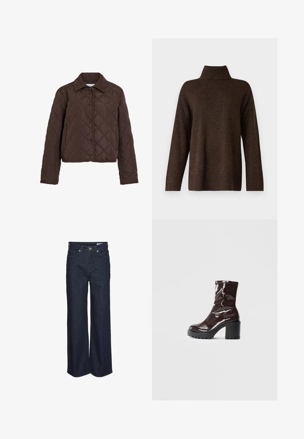 Brun quiltet jakke med trykknapper, sidelommer og kordfløjlskrage, vist på hvit bakgrunn.; Brun strikket genser med høy ribbestrikket krage, vide ermer og en myk tekstur. Har en avslappet passform og ribbestrikkede detaljer på ermene.; Bredde benjeans i mørkeblå denim, med høy midje, fem lommer og metallbeslag. Smoothing tekstur med et klassisk design.; Glinsende burgunder ankelstøvel med en kraftig svart hæl, med en glatt tekstur og enkelt design. Ingen synlige lukkinger eller mønstre.