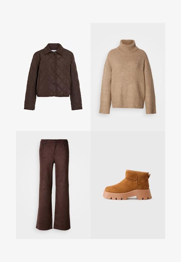 Brown quilted jacket with snap buttons, side pockets, and a corduroy collar, shown on a white background.; Beige turtleneck sweater made from soft knit fabric. Features a ribbed neckline and cuffs, with a relaxed fit and dropped shoulder seams.; Brown flared pants in a soft, suede-like fabric. Features four pockets, a button fastening, and a smooth, textured surface.; Tan suede ankle boots with a rounded toe, a textured brown sole, and a pull tab. Features a stitched seam and chunky platform design.