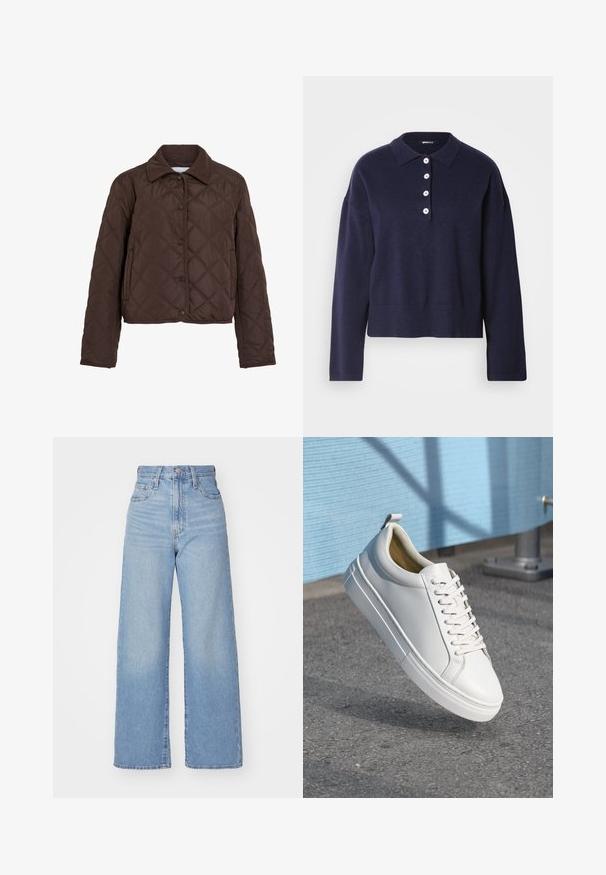 Casaco castanho acolchoado com botões de pressão, bolsos laterais e colarinho de veludo cotelê, apresentado sobre um fundo branco.; Pulôver tricotado azul-marinho com gola de colarinho, cinco botões brancos e bainha canelada. Apresenta mangas longas e um ajuste solto.; Jeans de cintura alta e perna larga em azul claro, com fecho frontal de botão e zíper, bolsos frontais e traseiros, sobre um fundo branco.; Sapatilha de couro branca com atacadores planos, biqueira arredondada, sola de borracha e uma pequena aba na parte de trás. Textura suave com detalhes de design mínimos.