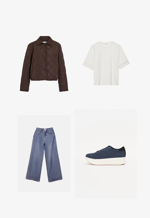 Rudas siūtu striukė su prispaudimo mygtukais, šoninėmis kišenėmis ir aksominėmis apykaklėmis, rodoma ant baltos fono.; Balta trumpomis rankovėmis marškinėliai, pagaminti iš medvilnės, su dekoratyviais nėriniais aplink rankoves ir apvaliu kaklu.; Plati kojinės džinsai šviesiai mėlynu wash'u, turintys aukštą liemenį, priekiniais kišenėmis ir mygtukų užsegimu su diržo kilpomis.; Tamsiai mėlynas sportinis batelis su tekstūruotu audiniu viršuje, baltu platformos padu, apvaliu pirštu ir juodu kulno akcentu.š. Yra šešios skylės raišteliams.