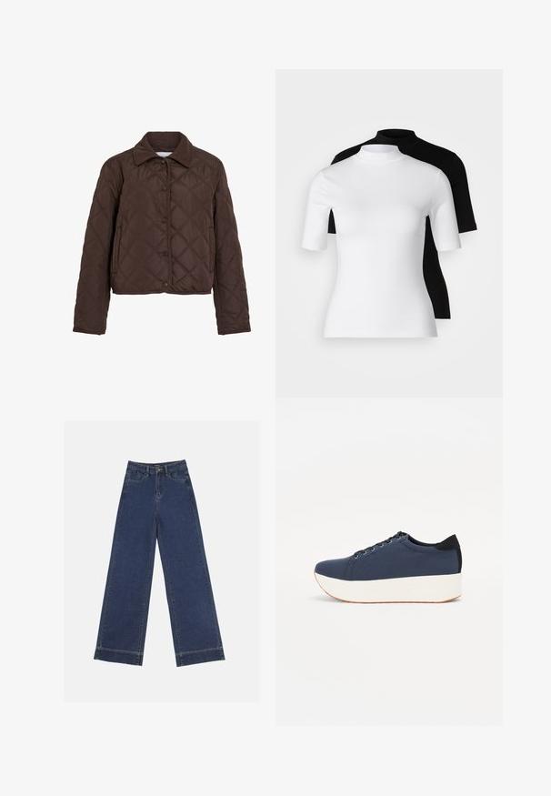 Hnědá prošívaná bunda se zapínáním na druky, bočními kapsami a kordovým límcem, zobrazená na bílém pozadí.; Sada dvou přiléhavých roláků v bílé a černé barvě. Krátké rukávy, hladká bavlněná tkanina a přiléhavý střih. Bez vzorů a grafik.; Džíny s širokými nohavicemi v tmavě modrém denimovém provedení. Disponují pěti kapsami, poutky na opasek a surovým lemem na spodní straně s viditelnými detailem šití.; Námořnické modré tenisky s texturovaným textilním svrškem, bílou platformovou podrážkou, kulatou špičkou a černým akcentem na patě. Obsahují šest očíček pro tkaničky.