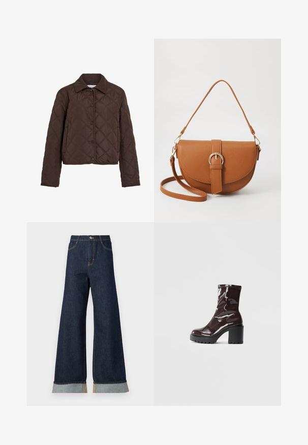 Casaco castanho acolchoado com botões de pressão, bolsos laterais e colarinho de veludo cotelê, apresentado sobre um fundo branco.; Top castanho de manga longa em malha com decote redondo. Feito de um material suave e elástico, apresentando um silhueta ajustada e detalhes mínimos.; Jeans de ganga escura de perna larga com costura laranja, apresentando uma cintura alta, dois bolsos frontais e punhos dobrados que mostram um tecido de contraste azul claro.; Bota de tornozelo burgundy brilhante com um salto preto robusto, apresentando uma textura suave e um design simples. Sem fechos ou padrões visíveis.; Bolsa transversal de couro castanho com um formato curvado, ferragens douradas e um detalhe de fivela. Inclui uma alça de ombro destacável.