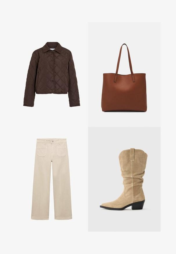 Brun quiltad jacka med tryckknappar, sidfickor och krage i kordfläsk, visad mot en vit bakgrund.; Brun ribbad kortärmad topp med en lätt rundad nederkant. Mjuk textur och avslappnad passform, med rund halsringning och minimala sömmar.; Beige vida byxor i bomull. Har dragkedja, en framknapp och två bakfickor. Ren fåll utan utsmyckningar.; Beige mockalfs cowboy stövel med slapp skaft, spetsig tå och blockklack. Slät textur med minimal sömnad och en bakre dragflik.; Brun läder tote-väska med en slät textur, öppen toppdesign och två axelremmar. Har minimal söm och ingen synlig metalldetalj.