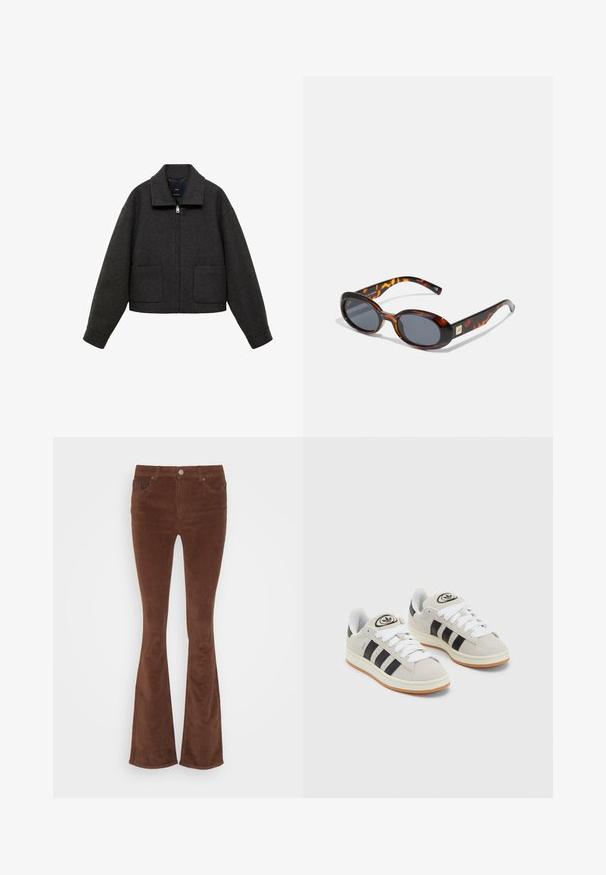 Mango Leichte Jacke - grey; Drei langärmelige Oberteile gestapelt: schwarz, grau und weiß. Jedes hat einen runden Halsausschnitt und ein kurzes Design aus glattem, leichtem Stoff.; Braune Corduroy Schlagjeans mit glatter Textur, fünf Taschen und einem einzigen Metallknopf am Bund.; Graue Wildledersneaker mit weißen Schnürsenkeln, schwarzen Streifen und einer weißen Gummisohle. Merkmale sind ein kreisförmiges Logo auf der Zunge und eine Gummisohle.; Braune Schildpatt-Sonnenbrille mit ovalen Gläsern und dunkelgrauem Verlauf. Mit einem goldfarbenen Akzent an den Bügeln. Glatte Kunststoffoberfläche.