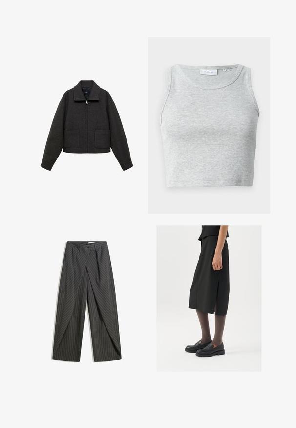 Mango Summer jacket - grey; Gray ribbed tank top with a round neckline and no sleeves. Soft texture and fitted design, suitable for casual or layering options.; Gray pinstripe trousers with a relaxed fit, featuring a single button closure, pleats, and a wide leg design.; Black knee-length skirt with side slit, paired with black loafers and sheer brown tights, featuring a smooth fabric and simple design.