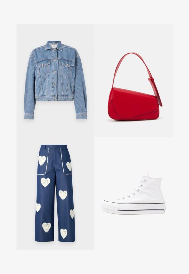 Svetlo modra denim jakna s skrajšanim dizajnom, gumbnimi zapiralci in dvema žepoma na prsih. Ima navpične črte in standarden ovratnik.; Cvetna bluzica z dolgimi puff rokavi, svetlo smetanaste barve, s purpurnimi, oranžnimi in zelenimi cvetličnimi vzorci ter klasičnim ovratnikom.; Sister Jane HEART TO HEART - Ravne kavbojke - blue denim; Beli visoki platneni športni čevelj z črnim gumijastim podplatom, sprednjim gumijastim zaščitnikom za prste in šestimi luknjicami za vezalke, ki se ponaša s preprostim, minimalističnim dizajnom.; Rdeča usnjena torba z angularnim, geometrijskim dizajnom. Ima en samostoječ nastavljiv ročaj in pokrov, zaprt z zapiranjem, ki je okrašen s šivi.