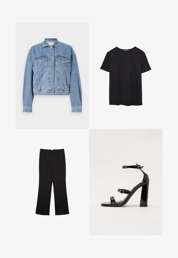 Svijetloplava traper jakna s krojenjem u struk, kopčanjem na dugmad i dva džepa na prsima. Sadrži vertikalne pruge i klasičnu ovratnik.; Pura crna pamučna majica kratkih rukava s okruglim izrezom, prikazana na bijeloj pozadini.; Crne hlače ravnog kroja, s prednjim džepovima i bočnim prorezima na rubu. Izrađene od mekog i glatkog materijala. Pogodne za razne prigode.; Crne lakirane sandale na pete sa kvadratnim nosom, trakama oko gležnja i srebrnim kopčama. Imaju čvrst blok petu za stabilnost.