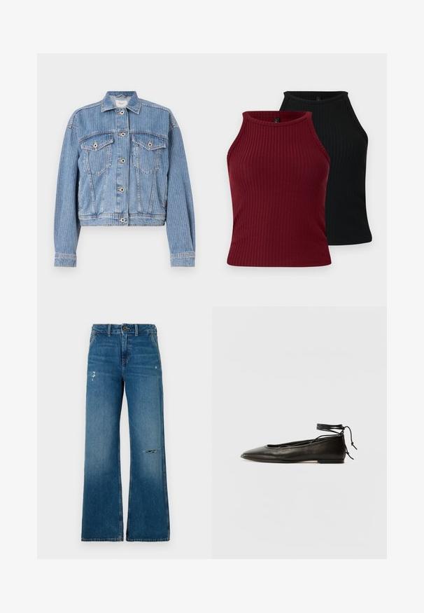 Svijetloplava traper jakna s krojenjem u struk, kopčanjem na dugmad i dva džepa na prsima. Sadrži vertikalne pruge i klasičnu ovratnik.; Dva rebrasta topa: jedan bordo i jedan crni. Oba imaju visoki ovratnik, prilagođenog su kroja i glatke teksture.; Plave traperice širokih nogavica s izblijedjelom teksturom, koje imaju dva oštećena područja na prednjoj strani, zatvaranje na gumbe i dizajn s pet džepova.; Crne kožne baletanke s oštrim prstom, vezanjem oko članaka i ravnim potplatom, s glatkom teksturom i minimalističkim dizajnom.